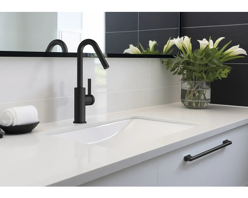 Wastafel met zwarte kraan, wit aanrechtblad en decoratie in de badkamer