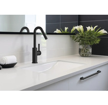 Wastafel met zwarte kraan, handdoek en bloemenvaas in de badkamer