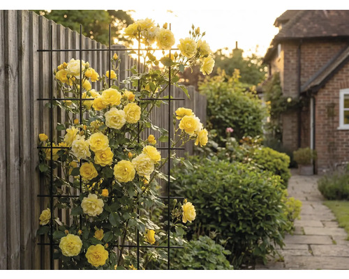 Gele rozenranken op een metalen rooster in de tuin