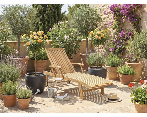 Tuinscene met houten ligstoel, planten in potten en decoratieve elementen voor buiten