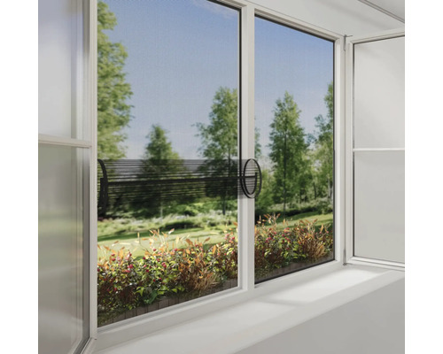 Raam met insectenhor en uitzicht op groen