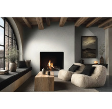 Gezellige woonkamer met moderne open haard, houten balken, twee pluizige fauteuils, een rustieke salontafel en een groot boograam.