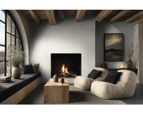 Gezellige woonkamer met moderne open haard, houten balken, twee pluizige fauteuils, een rustieke salontafel en een groot boograam.