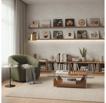 Woonkamer met fauteuil, salontafel en boekenplank onder een verzameling grammofoonplaten