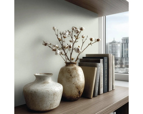 Twee gespikkelde keramische vazen met gedroogde katoentakken en een rij boeken op een houten plank voor een raam.