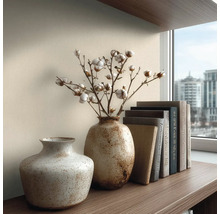 Decoratieve opstelling op een plank met twee vazen, katoentakken en boeken voor een raam.