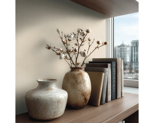 Decoratieve opstelling op een plank met twee vazen, katoentakken en boeken voor een raam.