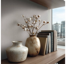 Getextureerde keramieken vazen met katoentakken en boeken op een houten plank voor behang bij een raam.