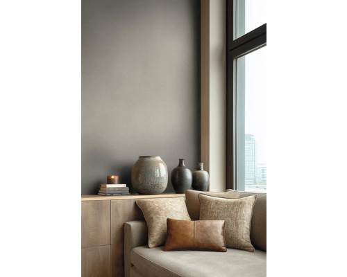 Modern ingerichte woonkamer met een wand in mat taupe achter een houten dressoir met vazen en een bank naast een raam.