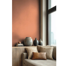 Woonkamer met bank, sierkussens en terracotta muur