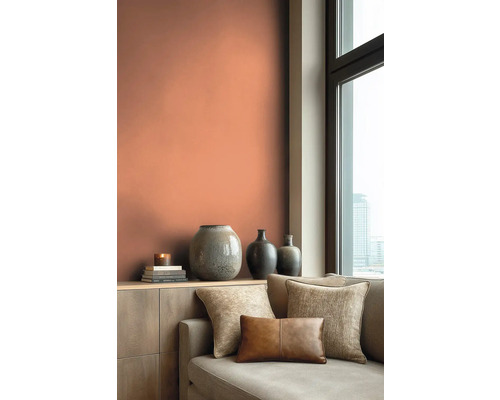 Woonkamer met bank, sierkussens en terracotta muur