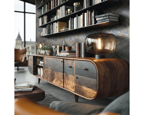 Woonkamer met houten dressoir, glazen tafellamp met gloeidraad, wandplank met boeken en behang met patroon.