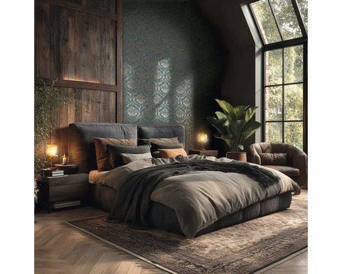 Slaapkamer met bed, nachtkastjes, vloerkleed en kamerplant in een donkere kamer