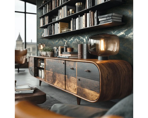 Woonkamer met houten dressoir, lamp en boekenkast