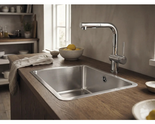 Spoelbak met kraan in een lichte keuken