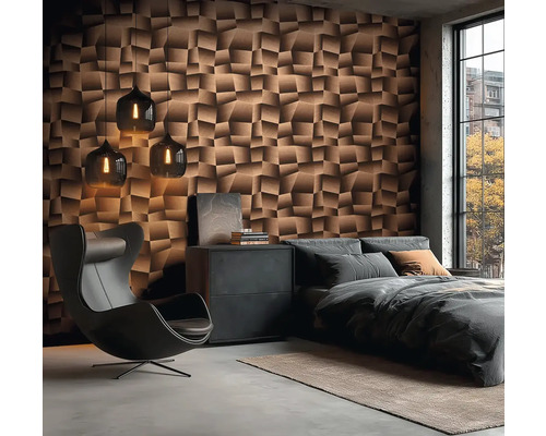 Moderne slaapkamer met gestructureerde wandpanelen, fauteuil en hanglampen