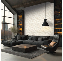 Lichte, ruime woonkamer in industriële stijl met 3D-wandpaneel, donkere hoekbank, houten salontafel en groot raam.