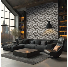 Woonkamer met hoekbank, fauteuil, salontafel, boekenkasten en 3D-wandpanelen