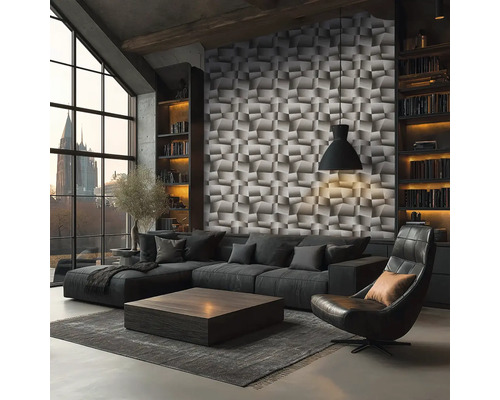 Woonkamer met hoekbank, fauteuil, salontafel, boekenkasten en 3D-wandpanelen