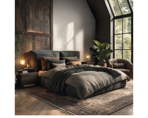 Een sfeervolle slaapkamer in industriële stijl met een gestoffeerd bed, houten wandpaneel, leren fauteuil en grote ramen.