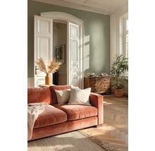 Lichte woonkamer met saliegroene muur, terracotta fluwelen bank, houten dressoir, visgraatparket en een grote kamerplant.