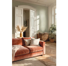 Lichte woonkamer met lichtgroene muur, roestkleurige fluwelen bank, visgraatparket, jute vloerkleed en witte dubbele deur.