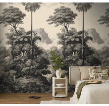 Slaapkamer met fotobehang met jungle thema, bed en nachtkastje