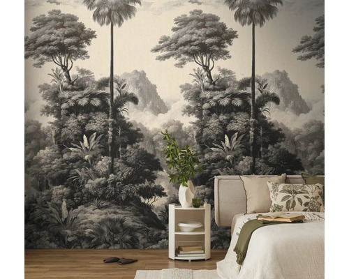 Slaapkamer met fotobehang met jungle thema, bed en nachtkastje