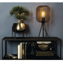 Decoratieve opstelling met tafellamp, potplant en typemachine op een plank.