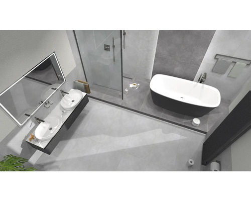 Lichte badkamer met dubbele wastafel, bad en douche