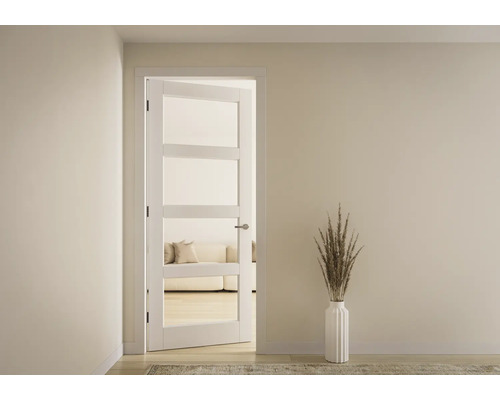 PERTURA Binnendeur 650 stomp wit gegrond 201,5x83 cm Interieurfoto met een witte deur met glazen panelen die gedeeltelijk open staat