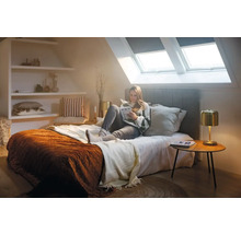 Lichte slaapkamer met dakramen en vrouw die een boek leest