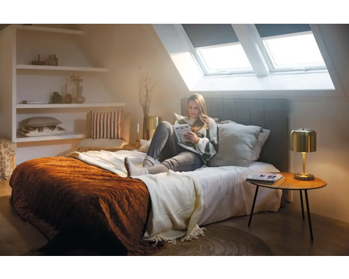 Lichte slaapkamer met dakramen en vrouw die een boek leest