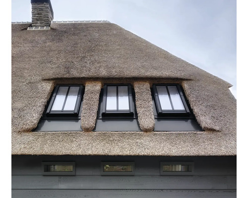 Rieten dak huis met dakramen
