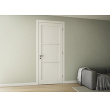 Witte binnendeur met drie panelen en deurklink in een lichte kamer.