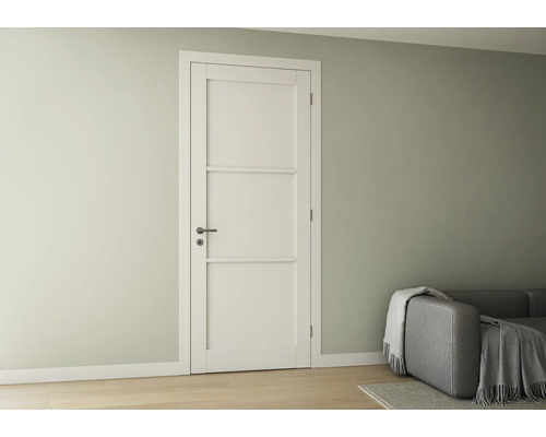 Witte binnendeur met drie panelen en deurklink in een lichte kamer.