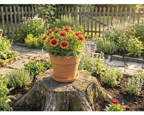 Terracotta bloempot met zonnebloemen op een boomstronk in een tuin.