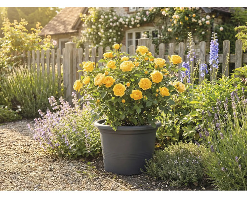 Gele roos in pot in de tuin