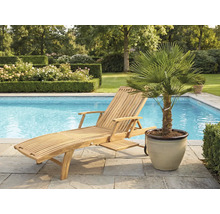 Houten ligstoel naast een zwembad en een palmboom in pot