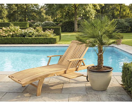 Houten ligstoel naast een zwembad en een palmboom in pot