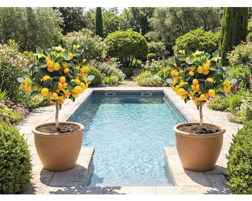 Twee citroenboompjes in terracotta potten naast een zwembad in een tuin.