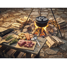 Scene met Dutch Oven boven open vuur, omringd door brandhout, met ingrediënten zoals vlees, aardappelen en groenten op een houten tafel