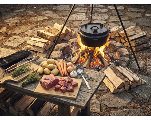 Scene met Dutch Oven boven open vuur, omringd door brandhout, met ingrediënten zoals vlees, aardappelen en groenten op een houten tafel