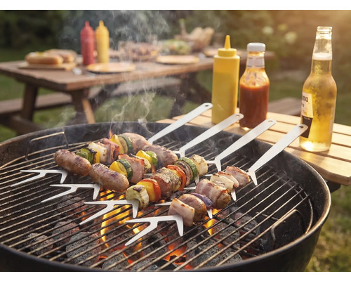 Barbecuescène met gegrilde spiesen op een houtskoolbarbecue, sauzen en drankjes buiten
