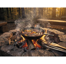 Braadpan op open vuur met steaks, worst en groenten in het bos