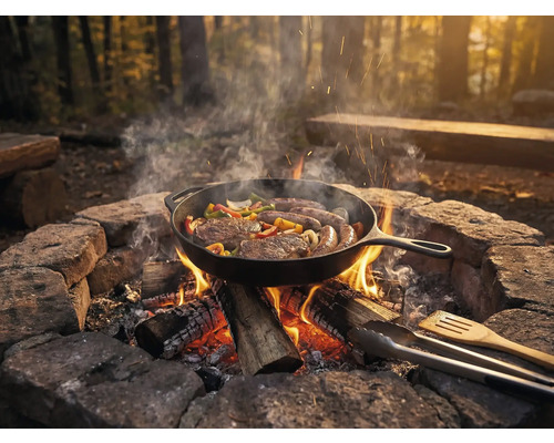 Braadpan op open vuur met steaks, worst en groenten in het bos