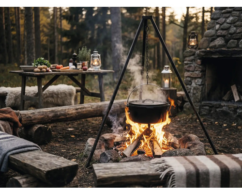 Buitenscène met driepoot, kookpot boven kampvuur en tafel met ingrediënten