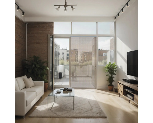 Woonkamer met bank, salontafel en schuifdeur naar het balkon