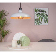 Scène met hanglamp, tafeldecoratie en plantenafbeelding aan de muur