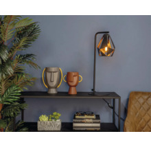 Decoratieve scène met tafellamp, siergezichten en potplanten op een plank.